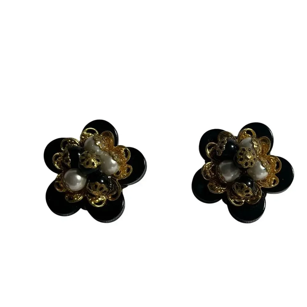 1 in Vintage Womens Clip On Earrings Elegant Black Gold Art Deco Formal